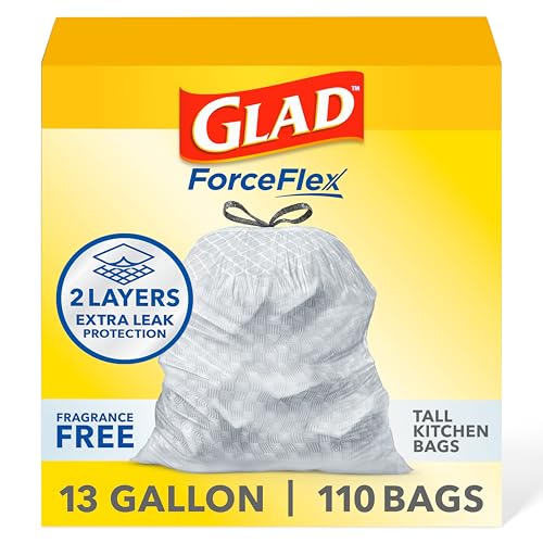 Glad ForceFlex Tall Kitchen Drawstring Trash Bags, 13 Gal, Fragrance Free, 110 Ct (Package May Vary) - Image 1