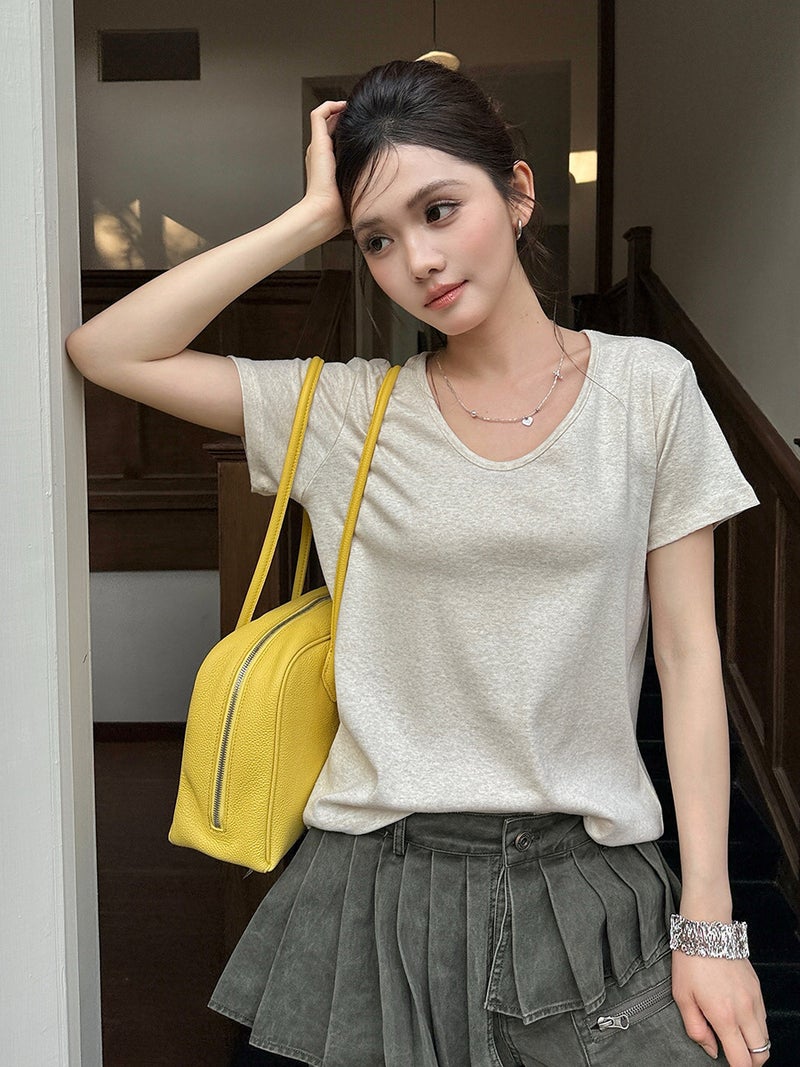 Ai Chunshi Tencel Linen Base Shirt For Women 2025 Spring/Summer Lyocell Goose Egg Collar T-Shirt Skin-Friendly Slim Fit Short - Image 5