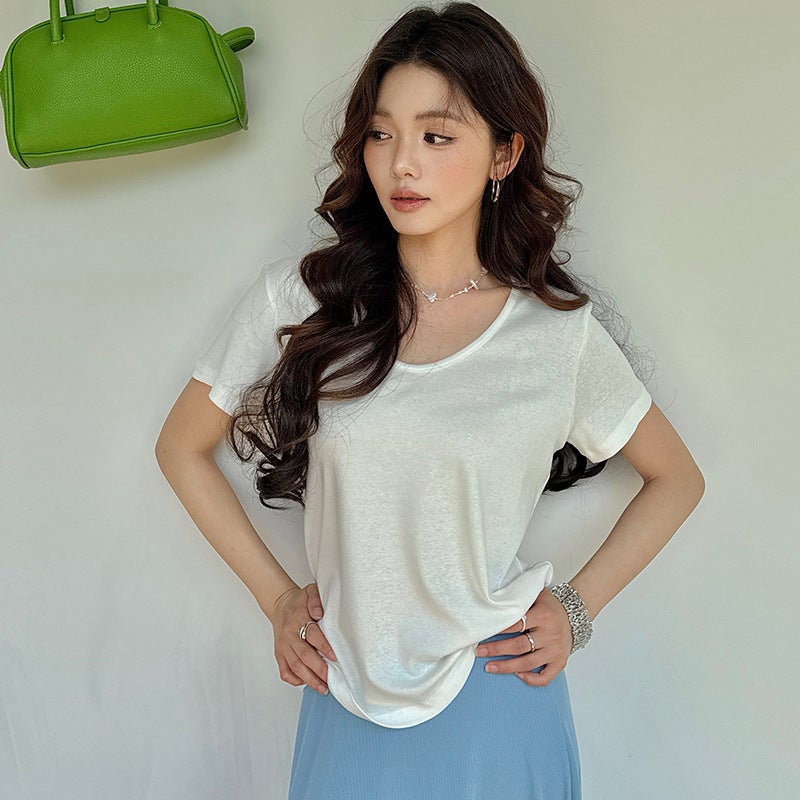 Ai Chunshi Tencel Linen Base Shirt For Women 2025 Spring/Summer Lyocell Goose Egg Collar T-Shirt Skin-Friendly Slim Fit Short - Image 1