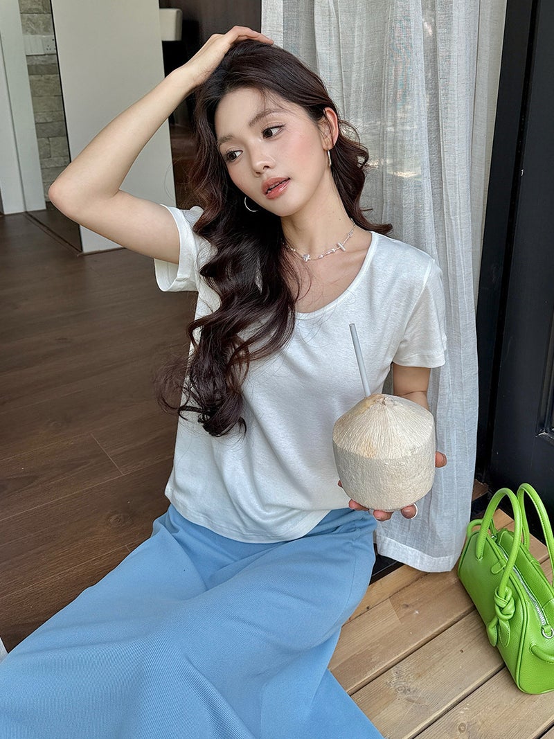 Ai Chunshi Tencel Linen Base Shirt For Women 2025 Spring/Summer Lyocell Goose Egg Collar T-Shirt Skin-Friendly Slim Fit Short - Image 2