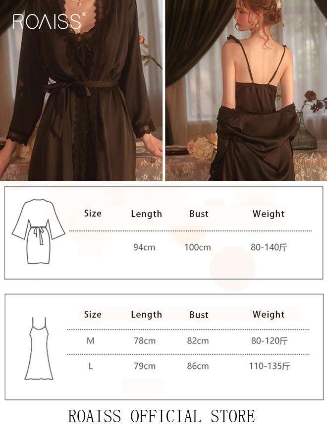 roaiss 2 Piece Nightgown Set Women Sweet Nightdress Lace Lingerie Sleepwear Home Dress Set Romantic Elegant Pajamas Ladies Spring Autumn Robe Loungewear  - Image 2