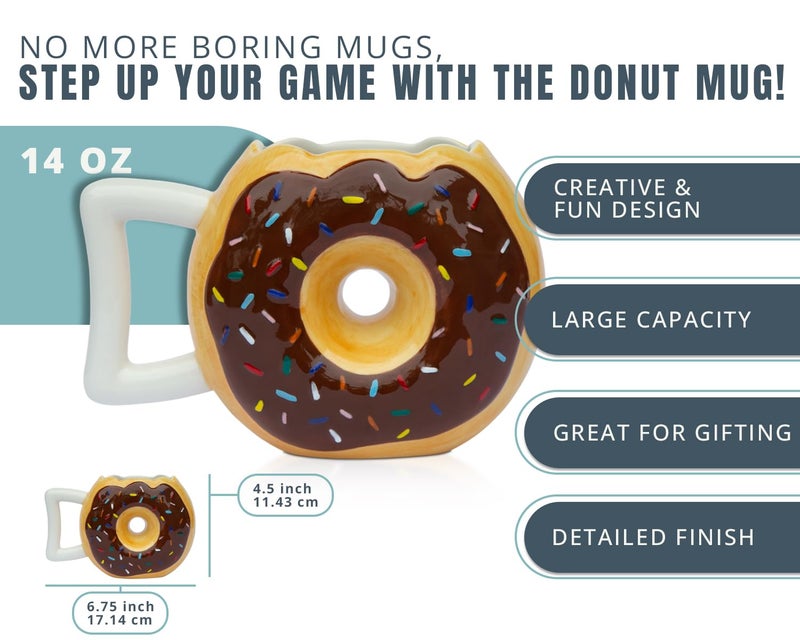 Comfify Ceramic Donut Cup â€“ Chocolate Glaze with Sprinkles â€“ Funny â€œMMM... Donuts!â€ Quote â€“ Best Cup for Coffee, Tea & More â€“ Large 14 oz â€“ Brown - Image 2