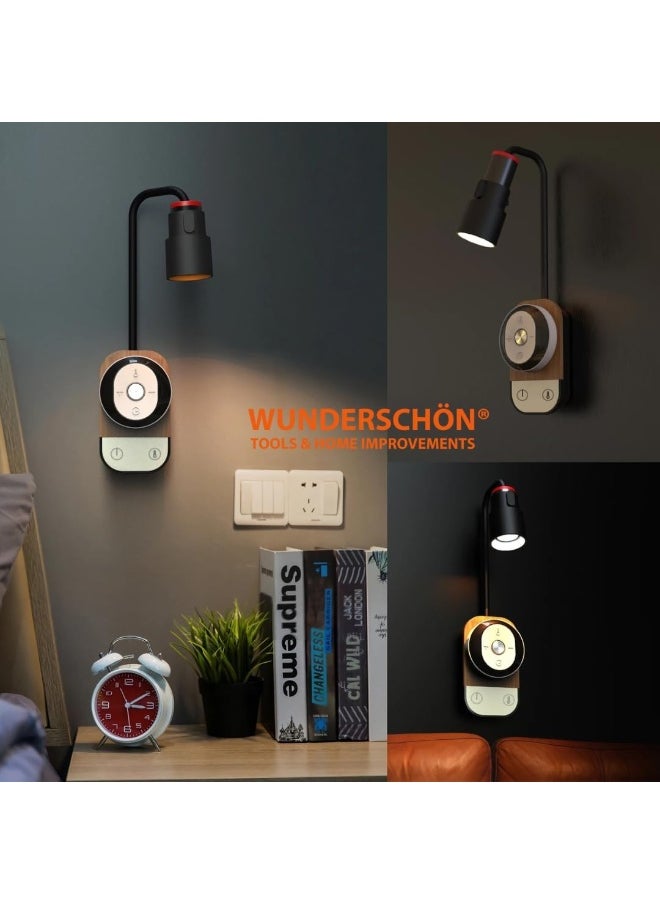 WUNDERSCHÖN - Rechargeable USB Desk Wall Lamp 3 lights colors Dimmable With Remote Control and Memory Function   Adjustable Head Light Arm (Black) - Image 1