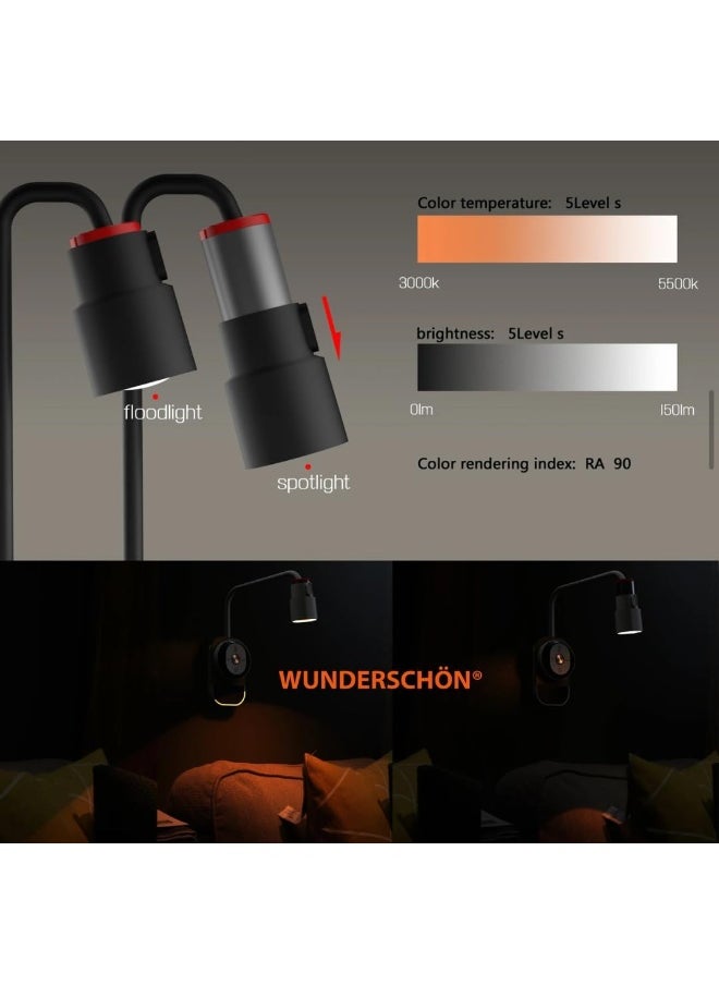 WUNDERSCHÖN - Rechargeable USB Desk Wall Lamp 3 lights colors Dimmable With Remote Control and Memory Function   Adjustable Head Light Arm (Black) - Image 1