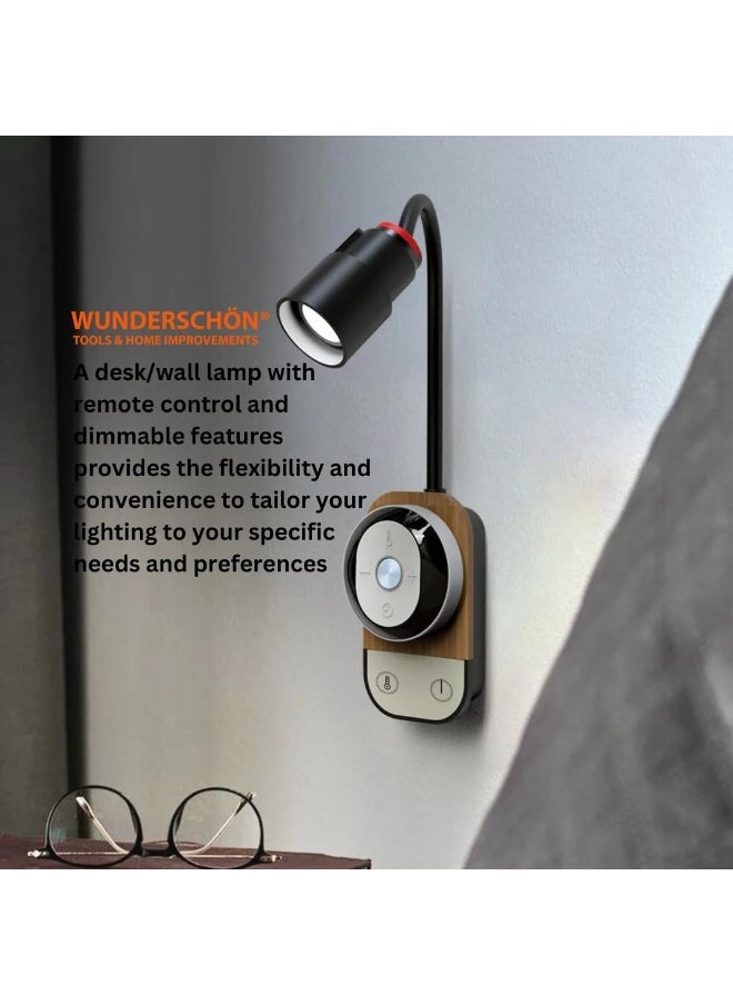 WUNDERSCHÖN - Rechargeable USB Desk Wall Lamp 3 lights colors Dimmable With Remote Control and Memory Function   Adjustable Head Light Arm (Black) - Image 1