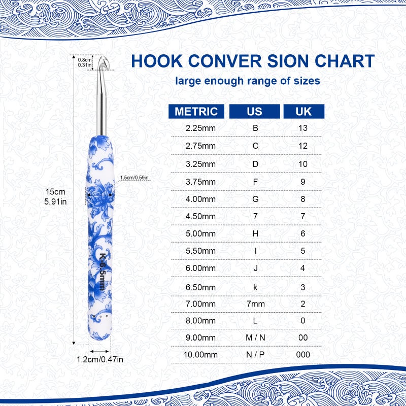 BCMRUN Crochet Hooks Set with Case 14 Size Blue and White Porcelain Pattern for Arthritis Hands, 2.25mm(B)-10mm(N) Crochet Needles for Beginners, Mothers Day Gift, Crochet Lovers (Azure) - Image 2