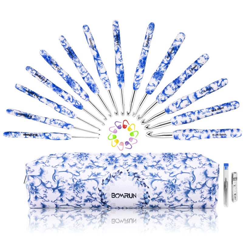 BCMRUN Crochet Hooks Set with Case 14 Size Blue and White Porcelain Pattern for Arthritis Hands, 2.25mm(B)-10mm(N) Crochet Needles for Beginners, Mothers Day Gift, Crochet Lovers (Azure) - Image 1