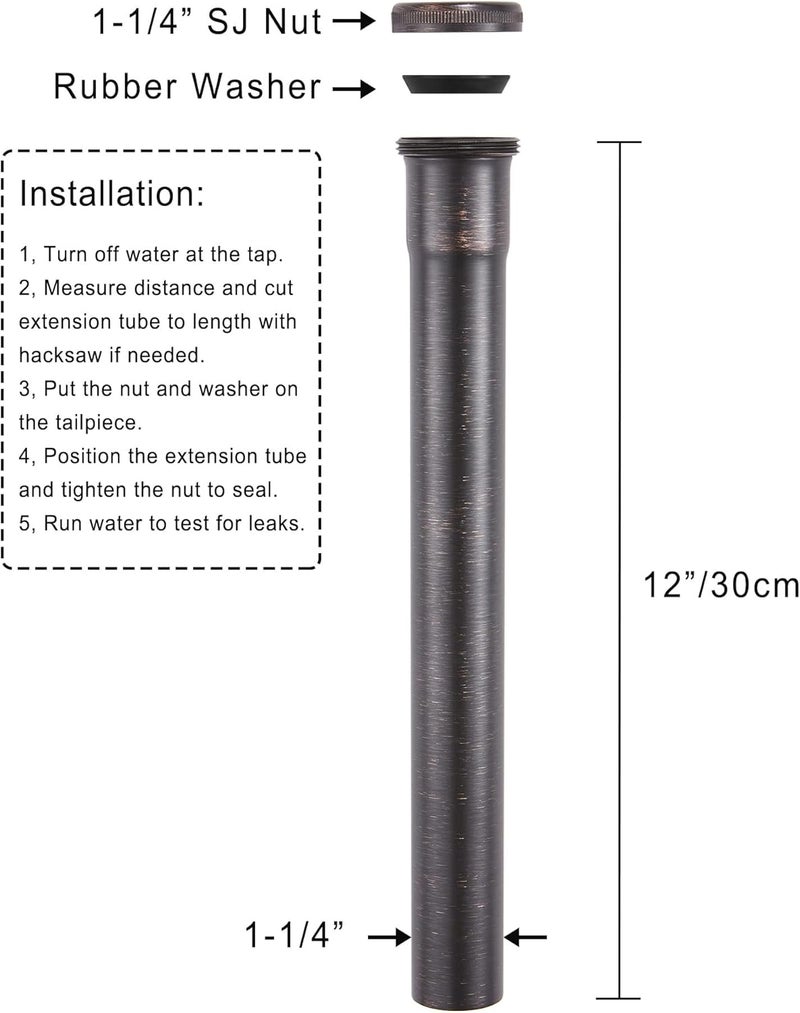 Fipoque Brass Slip Joint Extension Tube 1-1/4” OD x 12” with Nut and Rubber Washer, P Trap Extension Tube, Sink Drain Tailpiece Tube Extension, Oil Rubbed Bronze - Image 4