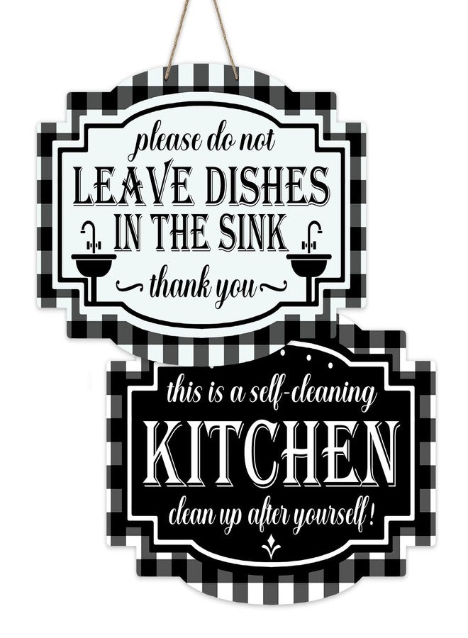 Bolisom This is a Self-Cleaning Kitchen Clean up After Yourself Front Door Sign, Black White Reversible Wooden Hanger Double-Sided Decor, Farmhouse Buffalo Plaid Hanging Plaque for Home Restaurant - Image 1
