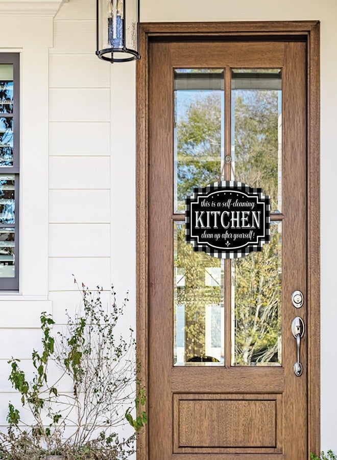 Bolisom This is a Self-Cleaning Kitchen Clean up After Yourself Front Door Sign, Black White Reversible Wooden Hanger Double-Sided Decor, Farmhouse Buffalo Plaid Hanging Plaque for Home Restaurant - Image 4
