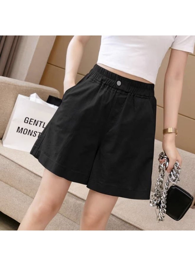 Women's High-Waisted Shorts, Loose-Fit A-Line Sweatpants, Solid Color with a Loose Hem, Elastic Waistband with Button Accents and Pockets, Breathable, Versatile, and Simple Bottoms, Perfect for Daily Commutes, Home Relaxation, Yoga, and Walking, Black