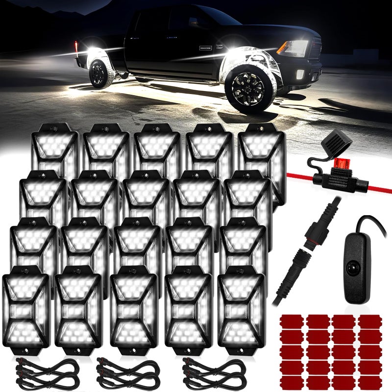 Auto Buero 20 Pods Pure White LED Rock Lights Kit with Switch Wiring Harness,6500K 540 LEDs Bright Rock Lights for Trucks,Waterproof Underglow Light for Car Jeep Off Road ATV UTV SUV - Image 1