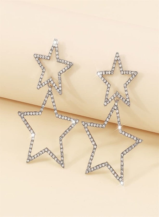 Dtja Rhinestone Big Star Dangle Earrings for Women Girls Hypoallergenic Crystal Long Tassel Stars Charms Drop Dangling Stud Fashion Lightweight Festival Christmas Birthday Ornament Jewelry Dainty Gifts for Friends Fans (Silvery) - Image 5