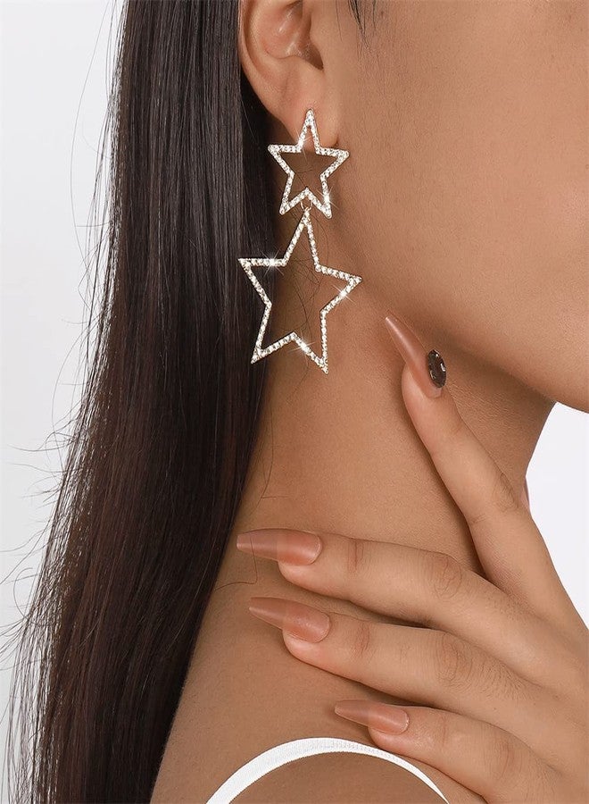 Dtja Rhinestone Big Star Dangle Earrings for Women Girls Hypoallergenic Crystal Long Tassel Stars Charms Drop Dangling Stud Fashion Lightweight Festival Christmas Birthday Ornament Jewelry Dainty Gifts for Friends Fans (Silvery) - Image 3