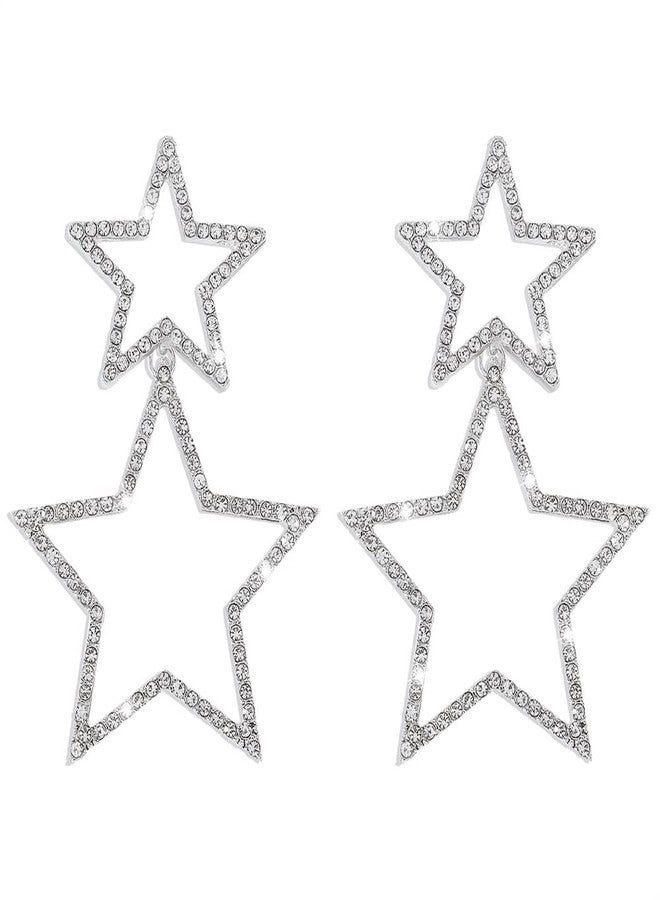 Dtja Rhinestone Big Star Dangle Earrings for Women Girls Hypoallergenic Crystal Long Tassel Stars Charms Drop Dangling Stud Fashion Lightweight Festival Christmas Birthday Ornament Jewelry Dainty Gifts for Friends Fans (Silvery) - Image 1