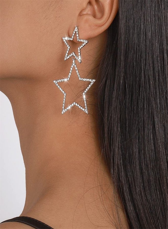 Dtja Rhinestone Big Star Dangle Earrings for Women Girls Hypoallergenic Crystal Long Tassel Stars Charms Drop Dangling Stud Fashion Lightweight Festival Christmas Birthday Ornament Jewelry Dainty Gifts for Friends Fans (Silvery) - Image 2