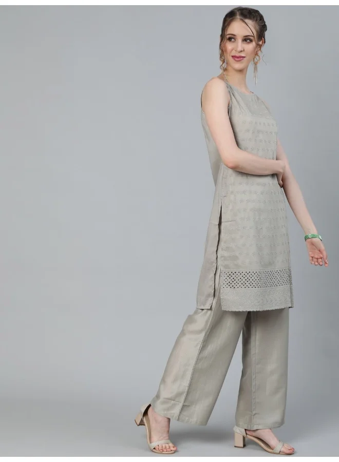 AKS AKS Floral Embroidered Thread Work Sleeveless Kurta With Palazzos