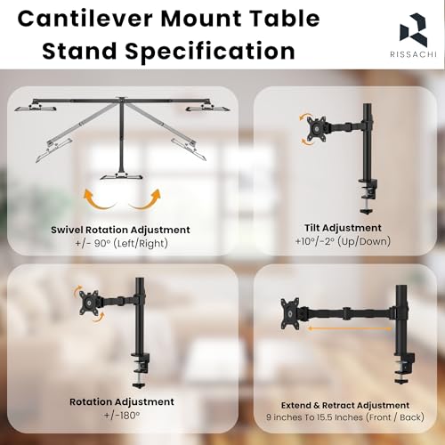 RISSACHI Monitor Stand for Desk, Height Adjustable Monitor Arm Mount with Full Motion Swivel Tilt, Ergonomic TV Stand for 17–30 Inch Screens, Supports Up to 10 kg - Image 3
