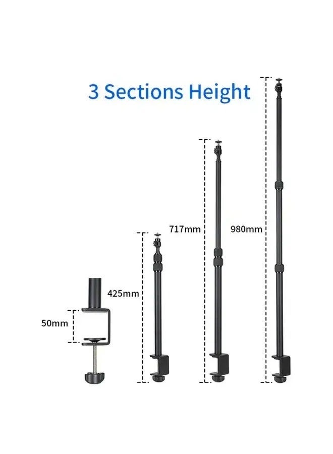 Jmary MT-49 Tabletop Light Stand Clip, 1/4-inch Screw for Cameras, LED Video Light, Ring Light, 3-Section Extendable Stand up to 93.5cm, 360-Degree Swivel Ball Head, Table Clamping Mount up to 5cm - Image 4
