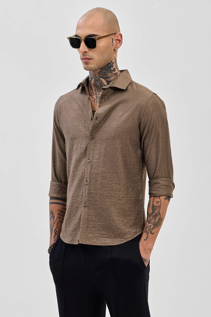 SNITCH Brown Textured Long Sleeve Slim Fit Shirt