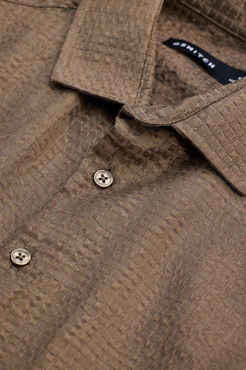 سنيتش Brown Textured Long Sleeve Slim Fit Shirt