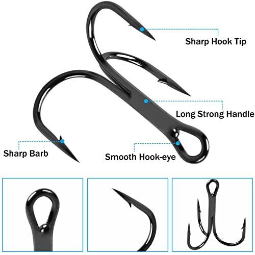 Shaddock Fishing طقم خطاطيف صيد ثلاثية من الفولاذ الكربوني العالي مجموعة حلقات خطاطيف صيد ثلاثية قوية حادة منحنية دائرية لصيد السلمون والبايس والقطط الطازجة والمالحة، 110 قطعة، الحجم 4 6 8 10 12 14 - Image 2