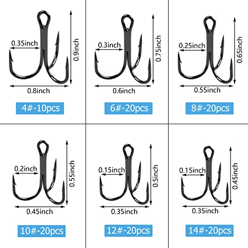 Shaddock Fishing طقم خطاطيف صيد ثلاثية من الفولاذ الكربوني العالي مجموعة حلقات خطاطيف صيد ثلاثية قوية حادة منحنية دائرية لصيد السلمون والبايس والقطط الطازجة والمالحة، 110 قطعة، الحجم 4 6 8 10 12 14 - Image 3