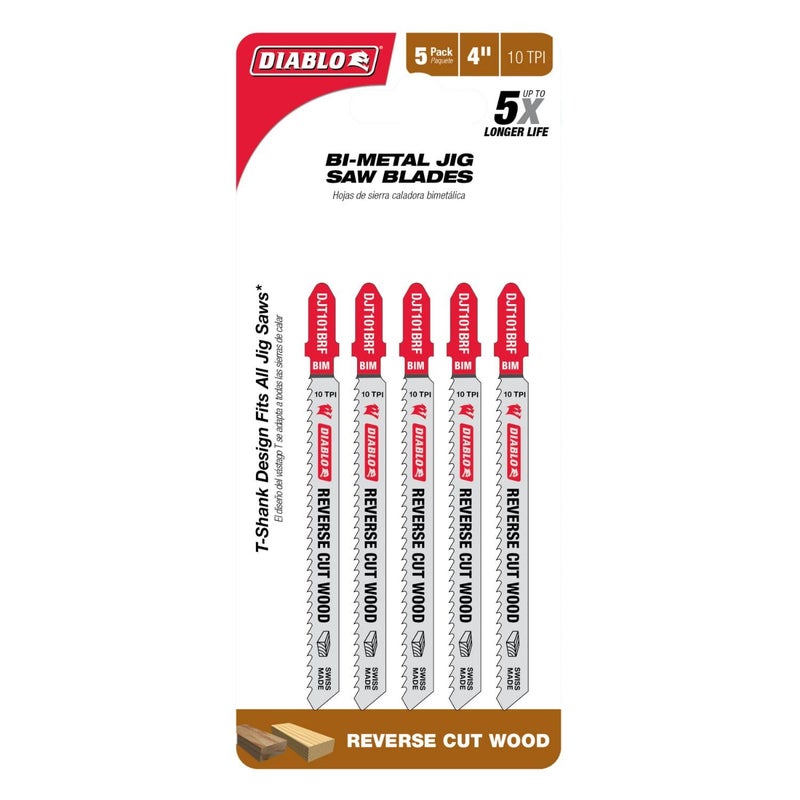 Diablo Bi-Metal Jig Saw Blades for Reverse Wood Cuts - 4", 10 TPI, 5-Pack - DJT101BRF5 - Image 2