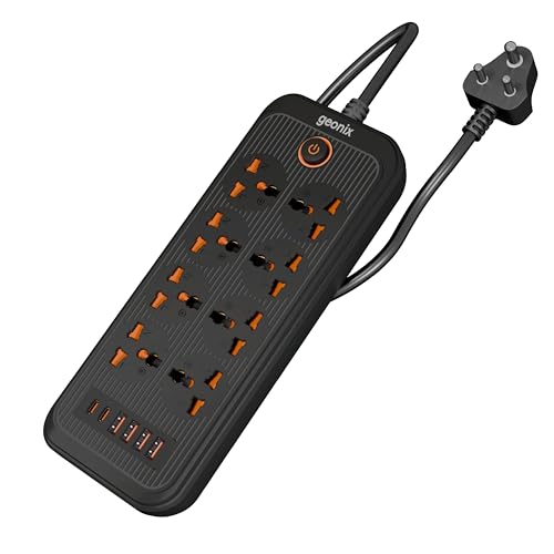Geonix PowerSpan U8 | Power Strip with 8 Universal Sockets, 2500W Max., 4 USB Ports, 2 C-Type Port, 10 Amps, 3 Mtr Copper Cable, Overload Surge Protection, Durable Abs Body, 250 Volts (Black) - Image 1