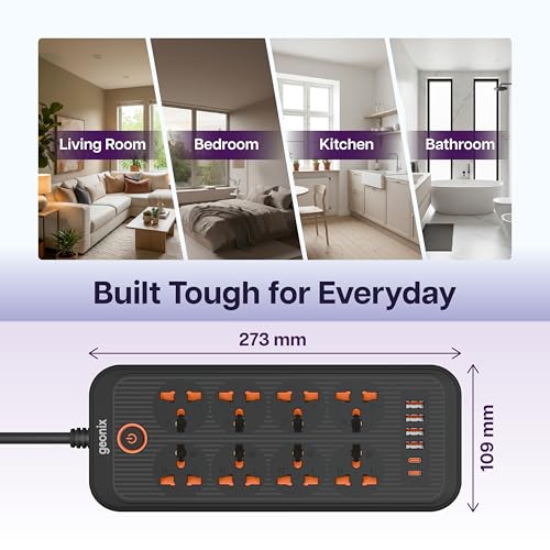 Geonix PowerSpan U8 | Power Strip with 8 Universal Sockets, 2500W Max., 4 USB Ports, 2 C-Type Port, 10 Amps, 3 Mtr Copper Cable, Overload Surge Protection, Durable Abs Body, 250 Volts (Black) - Image 4
