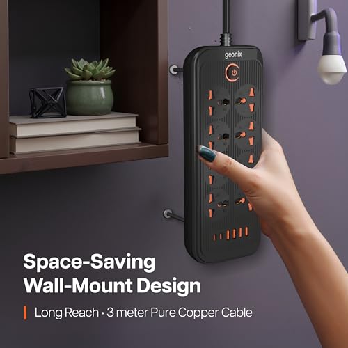 Geonix PowerSpan U8 | Power Strip with 8 Universal Sockets, 2500W Max., 4 USB Ports, 2 C-Type Port, 10 Amps, 3 Mtr Copper Cable, Overload Surge Protection, Durable Abs Body, 250 Volts (Black) - Image 3