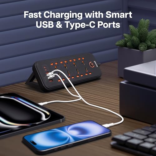 Geonix PowerSpan U8 | Power Strip with 8 Universal Sockets, 2500W Max., 4 USB Ports, 2 C-Type Port, 10 Amps, 3 Mtr Copper Cable, Overload Surge Protection, Durable Abs Body, 250 Volts (Black) - Image 5
