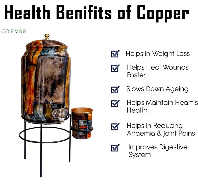 EVRR 5 Litre Hammered Copper Water Dispenser (Matka/Pot) Container Pot with 1 Copper Glass and Stand,Pure Copper and Ayurvedic Health Benefits (5000 ml) - Image 4