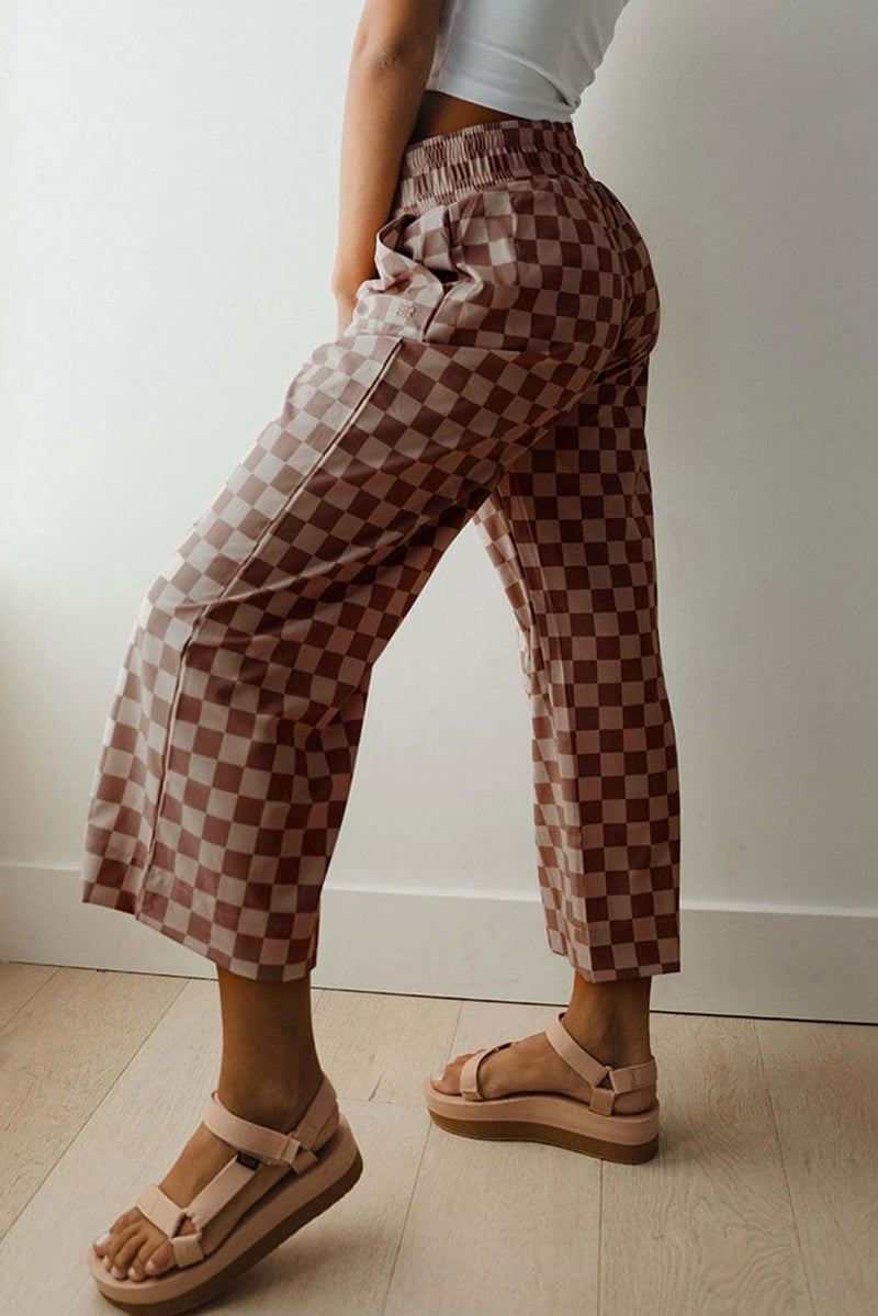 SELINK Women Casual Khaki Checkered Elastic High Waist Loose Pajama Pants with Pockets Plaid Straight Wide Leg Soft Daily Trousers XL - Image 2