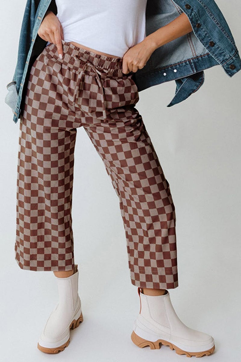 SELINK Women Casual Khaki Checkered Elastic High Waist Loose Pajama Pants with Pockets Plaid Straight Wide Leg Soft Daily Trousers XL - Image 3