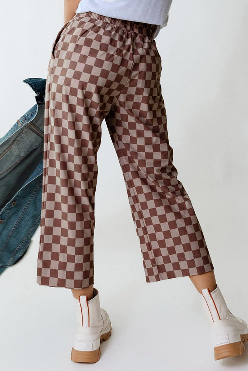 SELINK Women Casual Khaki Checkered Elastic High Waist Loose Pajama Pants with Pockets Plaid Straight Wide Leg Soft Daily Trousers XL - Image 5