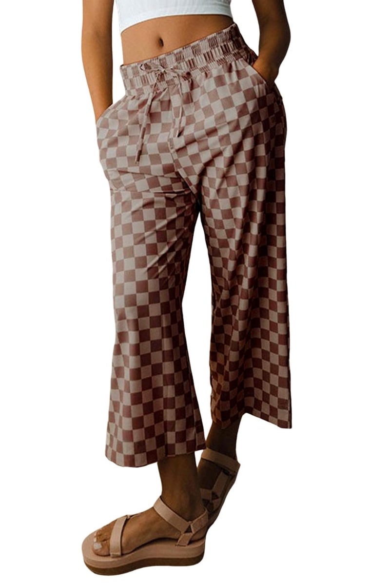 SELINK Women Casual Khaki Checkered Elastic High Waist Loose Pajama Pants with Pockets Plaid Straight Wide Leg Soft Daily Trousers XL - Image 1