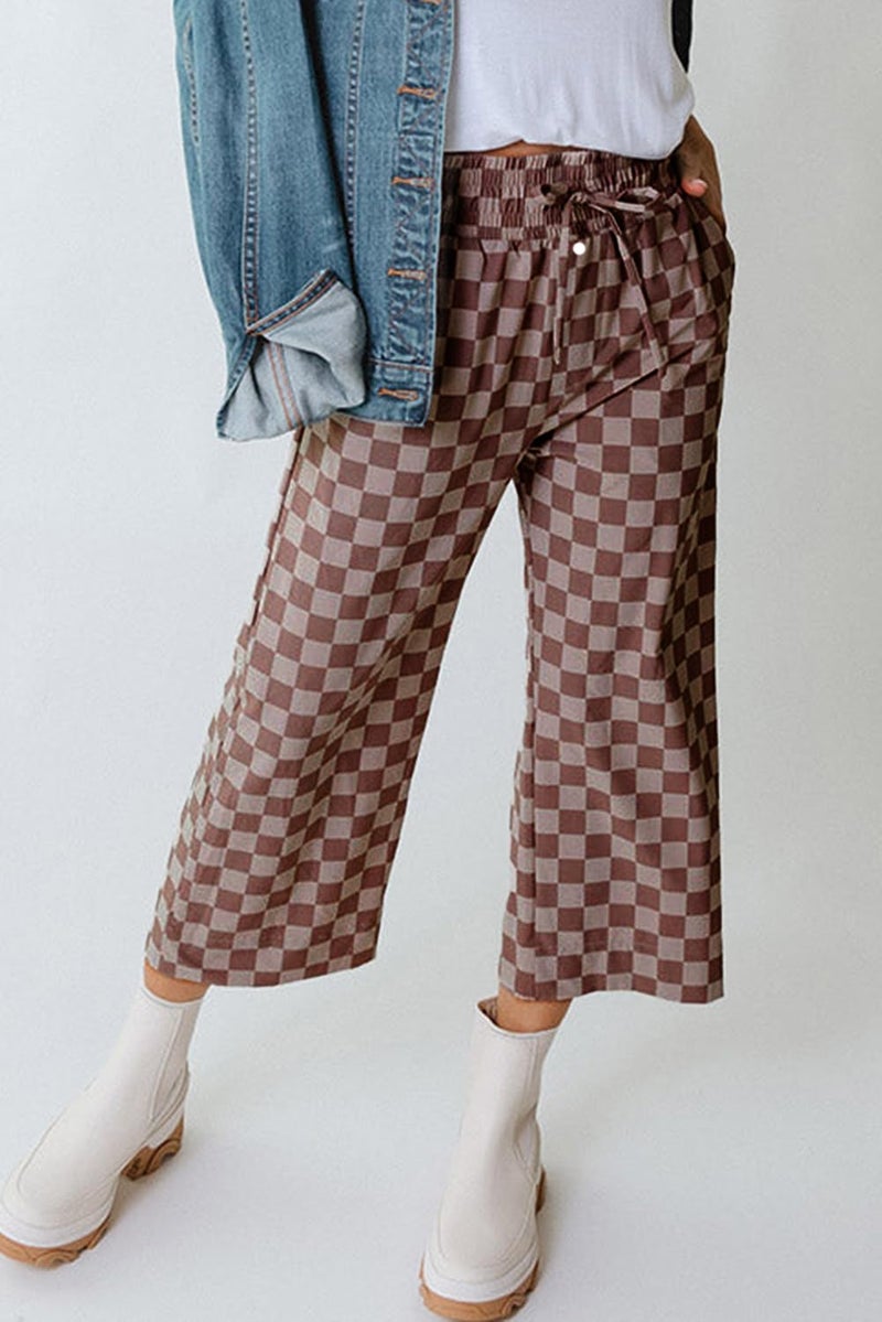 SELINK Women Casual Khaki Checkered Elastic High Waist Loose Pajama Pants with Pockets Plaid Straight Wide Leg Soft Daily Trousers XL - Image 4