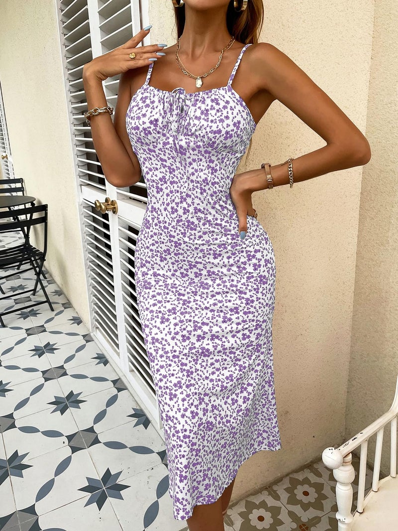 Floerns Women's Floral Print Drawstring Front Sleeveless Cami Midi Dress Lilac Purple S - Image 3