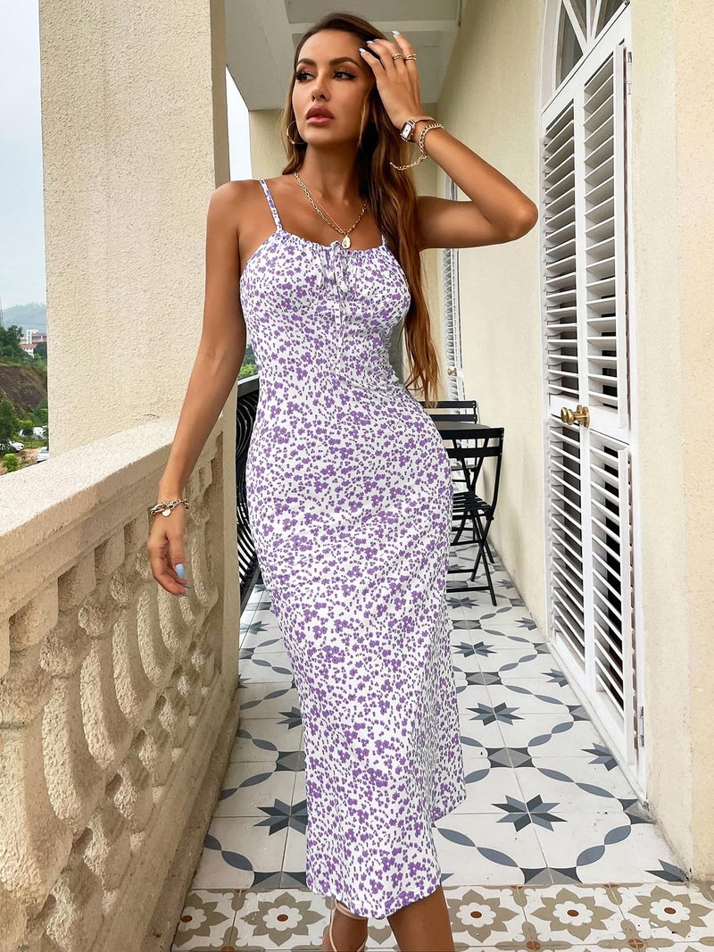 Floerns Women's Floral Print Drawstring Front Sleeveless Cami Midi Dress Lilac Purple S - Image 5