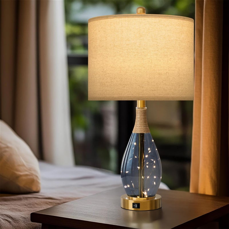OYEARS 23" Table Lamps for Living Room Set of 2 Bedside Lamps for Night Stands Bedroom Lamps Farmhouse Rattan Boho Lamp Glass Nightlight End Table Lamp with USB C+A (Blue),Two Light Points - Image 2
