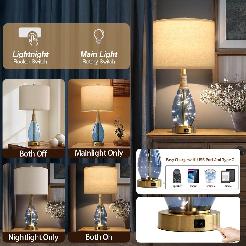 OYEARS 23" Table Lamps for Living Room Set of 2 Bedside Lamps for Night Stands Bedroom Lamps Farmhouse Rattan Boho Lamp Glass Nightlight End Table Lamp with USB C+A (Blue),Two Light Points - Image 3