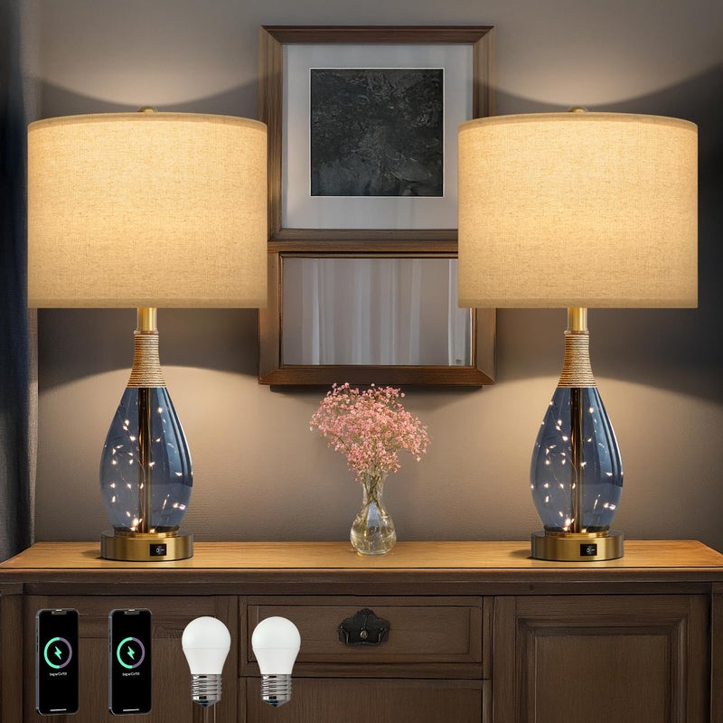 OYEARS 23" Table Lamps for Living Room Set of 2 Bedside Lamps for Night Stands Bedroom Lamps Farmhouse Rattan Boho Lamp Glass Nightlight End Table Lamp with USB C+A (Blue),Two Light Points - Image 1