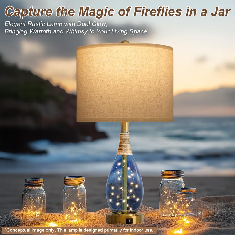 OYEARS 23" Table Lamps for Living Room Set of 2 Bedside Lamps for Night Stands Bedroom Lamps Farmhouse Rattan Boho Lamp Glass Nightlight End Table Lamp with USB C+A (Blue),Two Light Points - Image 4