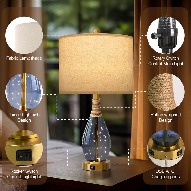 OYEARS 23" Table Lamps for Living Room Set of 2 Bedside Lamps for Night Stands Bedroom Lamps Farmhouse Rattan Boho Lamp Glass Nightlight End Table Lamp with USB C+A (Blue),Two Light Points - Image 5