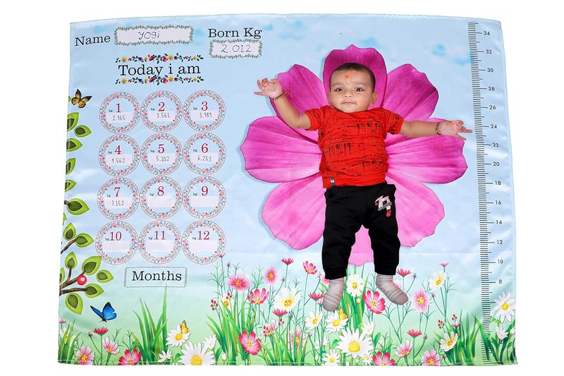 Keshav Creation Baby Boys and Baby Girls Monthly Milestone Forever Love Growth Chart Picture Blanket with Month Marker Multicolour 0 to 12 Months_Flower