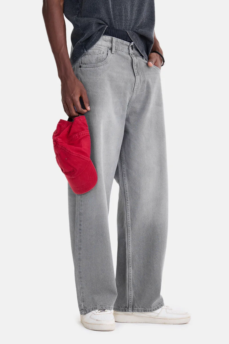 سنيتش Light Grey Solid Loose Fit Streetwear Jeans