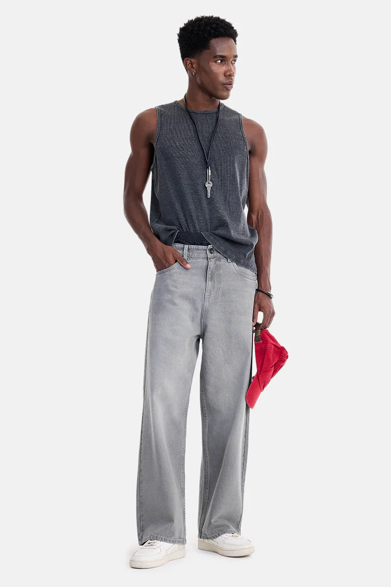 سنيتش Light Grey Solid Loose Fit Streetwear Jeans