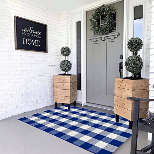 MUBIN Cotton Buffalo Plaid Rug, 3'x5' Blue and White Outdoor Rug Front Door Decorative Mat, Hand-Woven Foldable Rug for Layered Door Mats Washable Carpet for Front Porch, Entryway, Farmhouse - Image 1