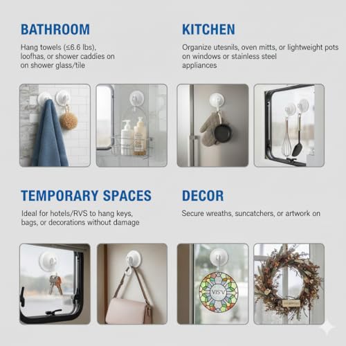 NL Home 4-Pack Suction Cup Hooks for Bath or Shower, Wreath Hangers for Glass Door or Window, White - Image 4